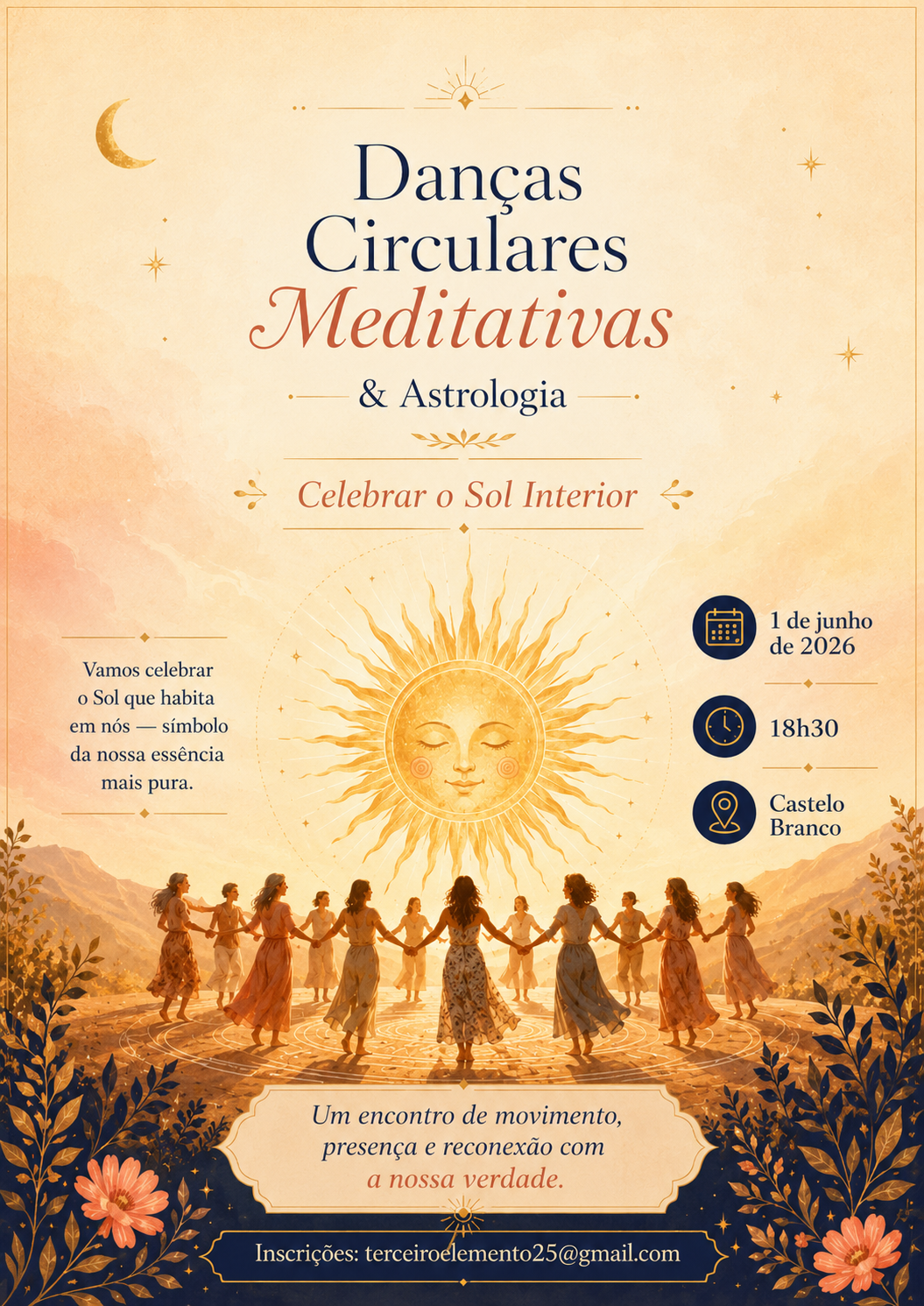 Cartaz Danças Circulares Meditativas & Astrologia — Celebrar o Sol Interior, 1 de junho de 2026, Castelo Branco
