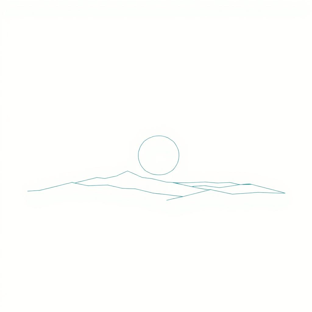 Ilustração em linha fina de um horizonte com sol nascente sobre montanhas